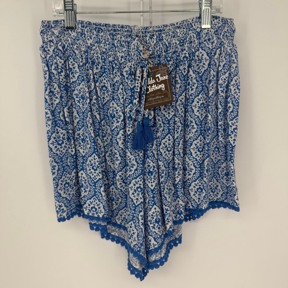 Matilda Jane Shorts Womens Small Blue White Damask Boho Festival Cottagecore NEW